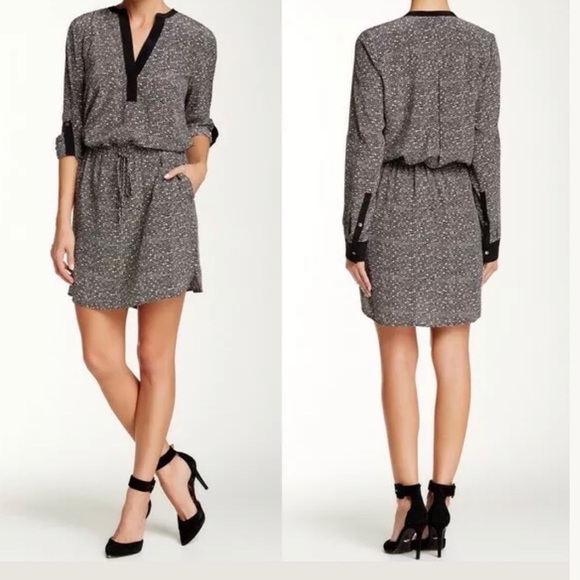 VINCE Silk Drawstring Roll Tab Sleeve Shirtdress